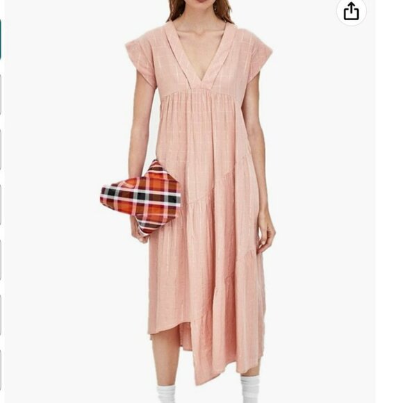 Zara | Asymmetrical Midi Dress Tiered Popover Deep V Neck Pink Metallic Size S - Picture 2 of 14